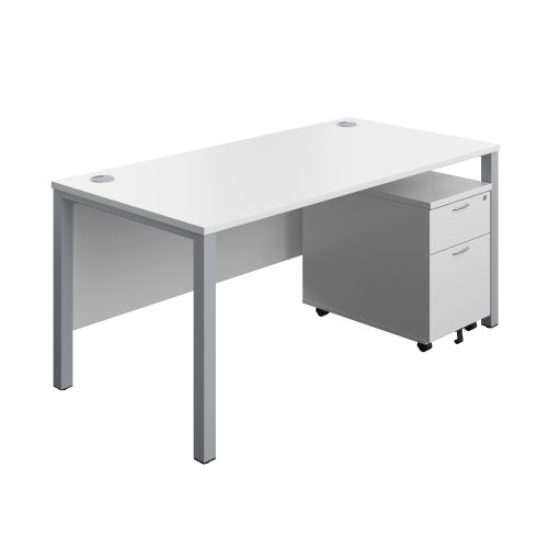 Goal Post Rectangular Desk + 2 Drawer Mobile Pedestal (FSC) 1600x800 White/Silver