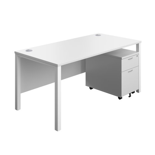 Goal Post Rectangular Desk + 2 Drawer Mobile Pedestal (FSC) 1600x800 White/White