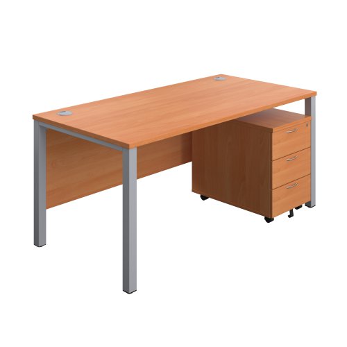 Goal Post Rectangular Desk + 3 Drawer Mobile Pedestal (FSC) 1600x800 Beech/Silver