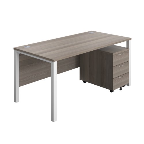 Goal Post Rectangular Desk + 3 Drawer Mobile Pedestal (FSC) 1600x800 Grey oak/White