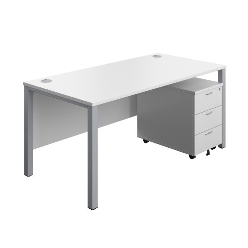 Goal Post Rectangular Desk + 3 Drawer Mobile Pedestal (FSC) 1600x800 White/Silver