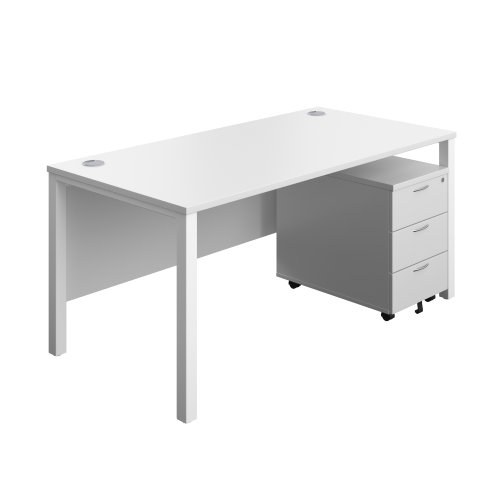 Goal Post Rectangular Desk + 3 Drawer Mobile Pedestal (FSC) 1600x800 White/White