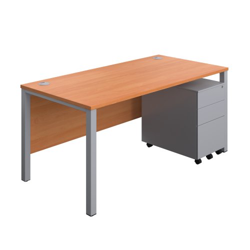Goal Post Rectangular Desk + 3 Drawer Steel Pedestal (FSC) 1600x800 Beech/Silver