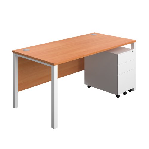 Goal Post Rectangular Desk + 3 Drawer Steel Pedestal (FSC) 1600x800 Beech/White