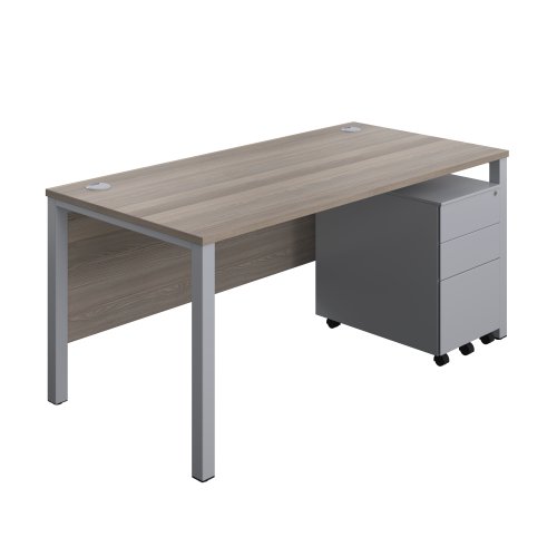 Goal Post Rectangular Desk + 3 Drawer Steel Pedestal (FSC) 1600x800 Grey oak/Silver