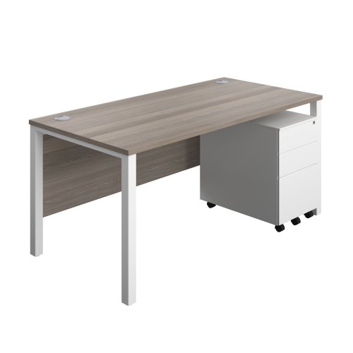Goal Post Rectangular Desk + 3 Drawer Steel Pedestal (FSC) 1600x800 Grey oak/White