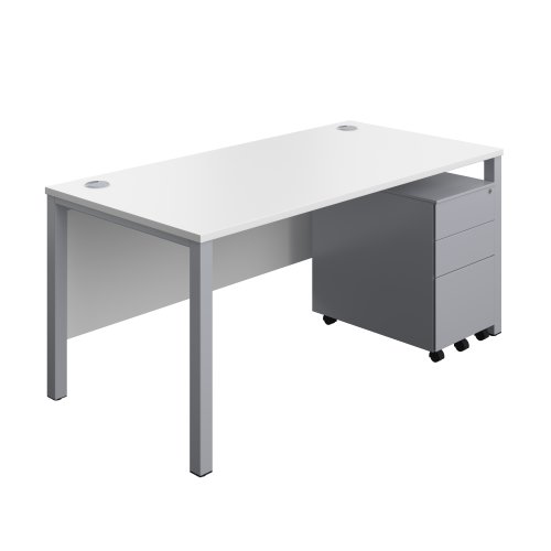 Goal Post Rectangular Desk + 3 Drawer Steel Pedestal (FSC) 1600x800 White/Silver