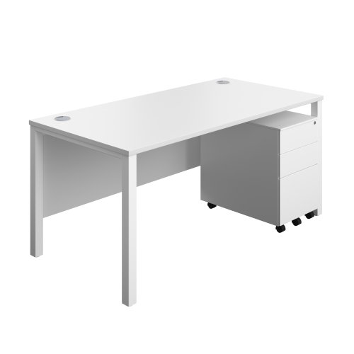 Goal Post Rectangular Desk + 3 Drawer Steel Pedestal (FSC) 1600x800 White/White
