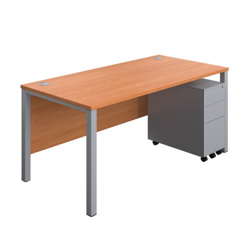 Goal Post Rectangular Desk + 3 Drawer Slimline Steel Pedestal (FSC) 1600x800 Beech/Silver