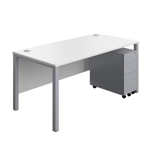 Goal Post Rectangular Desk + 3 Drawer Slimline Steel Pedestal (FSC) 1600x800 White/Silver