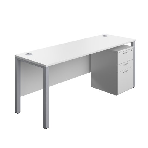 Goal Post Rectangular Desk + 3 Drawer High Mobile Pedestal (FSC) 1800x600 White/Silver