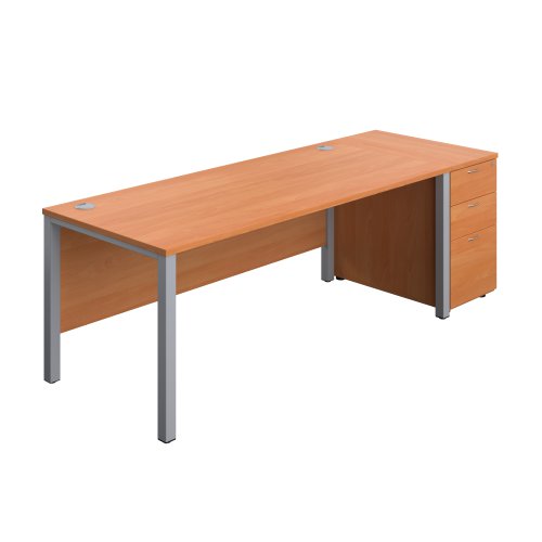 Goal Post Rectangular Desk + 3 Drawer Desk High Pedestal (FSC) 1800x800 Beech/Silver