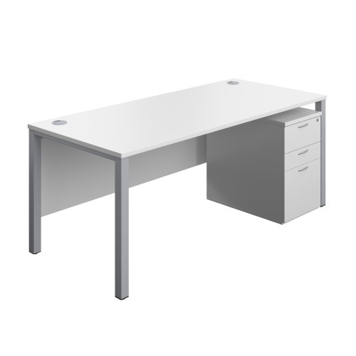 Goal Post Rectangular Desk + 3 Drawer High Mobile Pedestal 1800x800 White/Silver