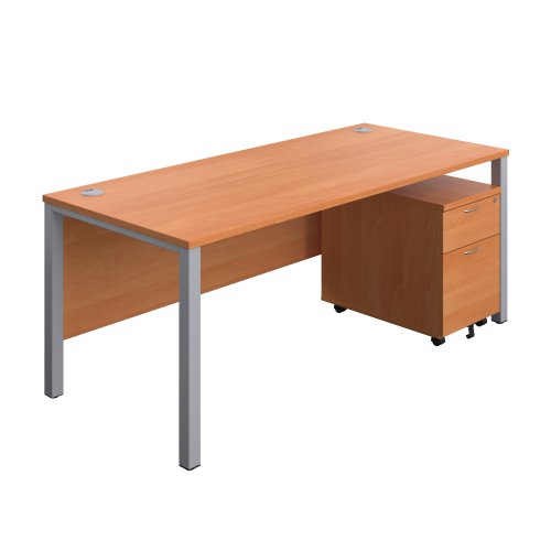 Goal Post Rectangular Desk + 2 Drawer Mobile Pedestal 1800x800 Beech/Silver
