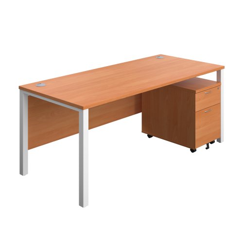 Goal Post Rectangular Desk + 2 Drawer Mobile Pedestal 1800x800 Beech/White