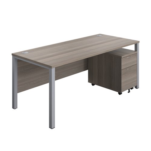 Goal Post Rectangular Desk + 2 Drawer Mobile Pedestal 1800x800 Grey oak/Silver