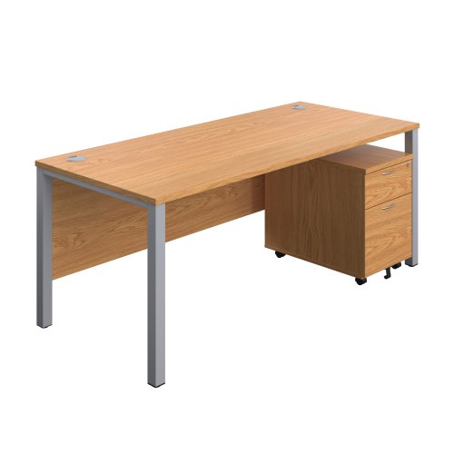 Goal Post Rectangular Desk + 2 Drawer Mobile Pedestal 1800x800 Nova oak/Silver