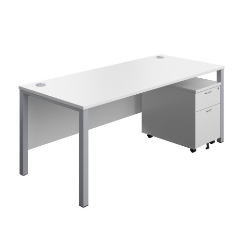 Goal Post Rectangular Desk + 2 Drawer Mobile Pedestal 1800x800 White/Silver