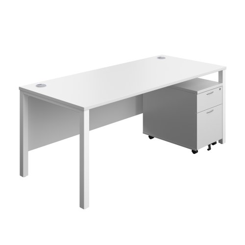 Goal Post Rectangular Desk + 2 Drawer Mobile Pedestal 1800x800 White/White