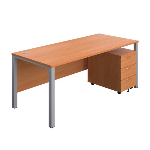 Goal Post Rectangular Desk + 3 Drawer Mobile Pedestal 1800x800 Beech/Silver