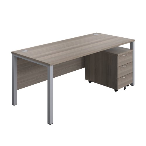 Goal Post Rectangular Desk + 3 Drawer Mobile Pedestal 1800x800 Grey oak/Silver
