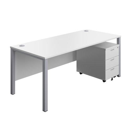 Goal Post Rectangular Desk + 3 Drawer Mobile Pedestal 1800x800 White/Silver