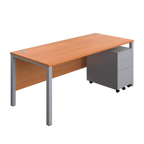 Goal Post Rectangular Desk + 3 Drawer Steel Pedestal 1800x800 Beech/Silver