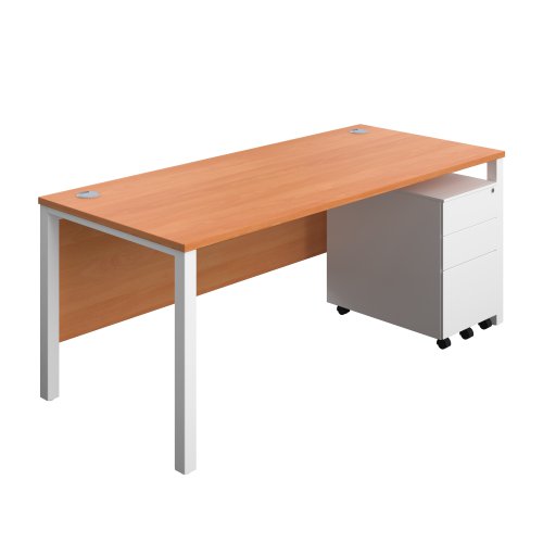 Goal Post Rectangular Desk + 3 Drawer Steel Pedestal 1800x800 Beech/White