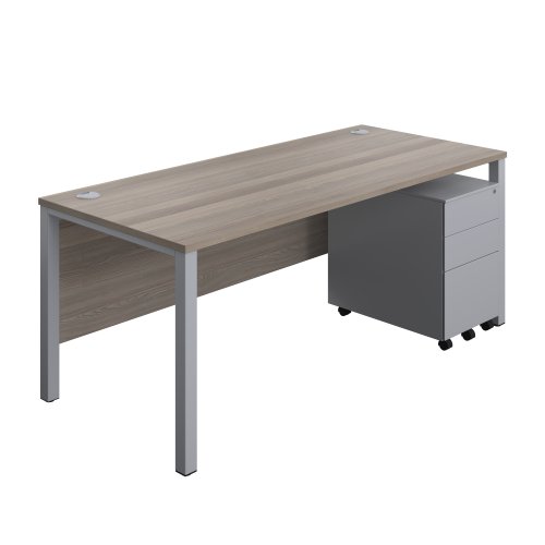 Goal Post Rectangular Desk + 3 Drawer Steel Pedestal 1800x800 Grey oak/Silver