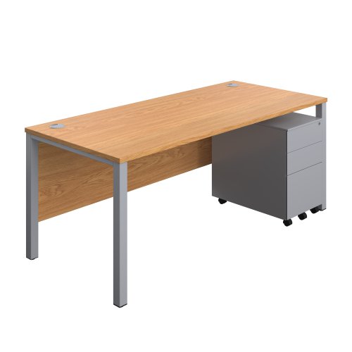 Goal Post Rectangular Desk + 3 Drawer Steel Pedestal 1800x800 Nova oak/Silver