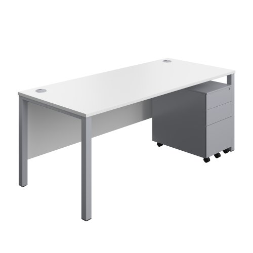 Goal Post Rectangular Desk + 3 Drawer Steel Pedestal 1800x800 White/Silver