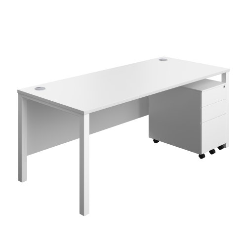 Goal Post Rectangular Desk + 3 Drawer Steel Pedestal 1800x800 White/White