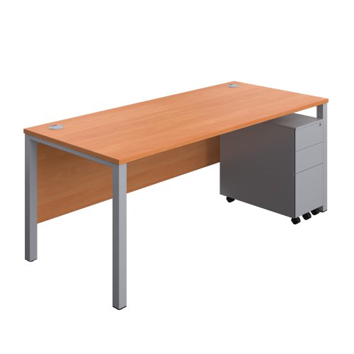 Goal Post Rectangular Desk + 3 Drawer Slimline Steel Pedestal 1800x800 Beech/Silver