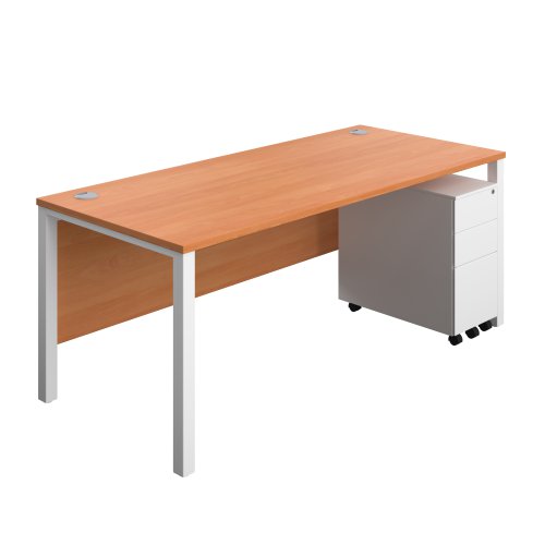 Goal Post Rectangular Desk + 3 Drawer Slimline Steel Pedestal 1800x800 Beech/White