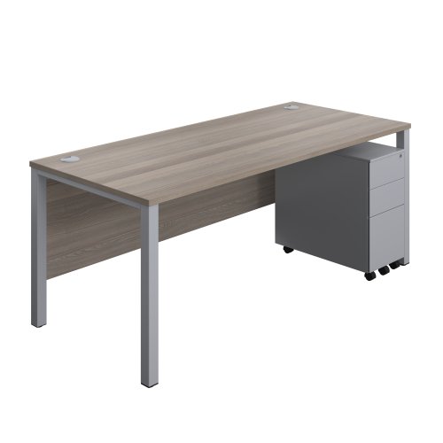 Goal Post Rectangular Desk + 3 Drawer Slimline Steel Pedestal 1800x800 Grey oak/Silver