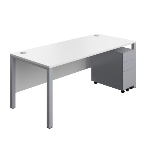 Goal Post Rectangular Desk + 3 Drawer Slimline Steel Pedestal 1800x800 White/Silver