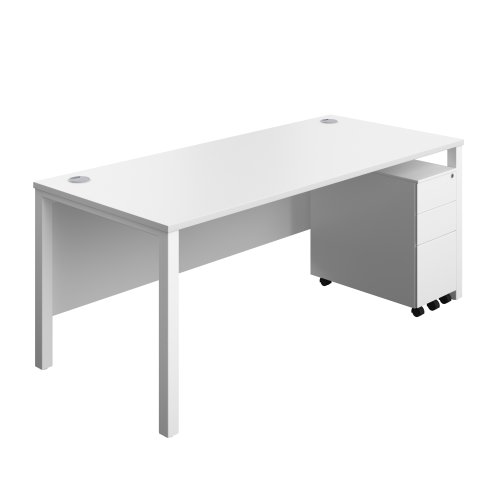 Goal Post Rectangular Desk + 3 Drawer Slimline Steel Pedestal 1800x800 White/White