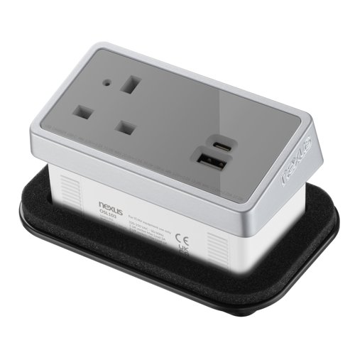 Rectangular In-Desk Power Module 1 Outlet 30W USB-C and 27W USB-A Silver/Grey