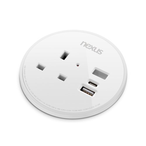 Circular In-Desk Power Module: 1 Outlet: 30W USB-C, 27W USB-A Black Housing/Silver Bezel/Grey Veneer