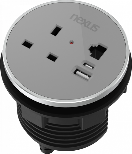 Circular In-Desk Power Module: 1 Outlet: 30W USB-C, 27W USB-A, RJ45 Blank Black Housing/Silver Bezel/Grey Veneer
