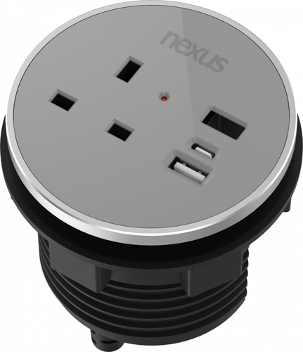 Circular In-Desk Power Module: 1 Outlet: 30W USB-C, 27W USB-A, USB-A Blank Black Housing/Silver Bezel/Grey Veneer