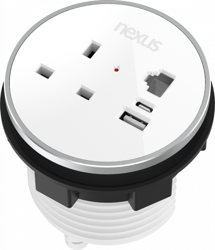 Circular In-Desk Power Module: 1 Outlet: 30W USB-C, 27W USB-A, RJ45 Blank White Housing/Silver Bezel/White Veneer