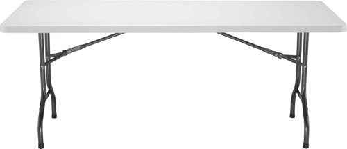 Folding Rectangular Table. With its off-white plastic top and sturdy dark grey metal legs and frame, this table is both stylish and durable. The wipe-clean top with rounded edges makes it easy to maintain, while the polypropylene table top ensures that it will last for years to come. This table can be stacked or nested, making it easy to store when not in use. Its versatility and convenience make it a must-have for any home or office.
