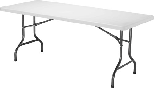 Folding Rectangular Table. With its off-white plastic top and sturdy dark grey metal legs and frame, this table is both stylish and durable. The wipe-clean top with rounded edges makes it easy to maintain, while the polypropylene table top ensures that it will last for years to come. This table can be stacked or nested, making it easy to store when not in use. Its versatility and convenience make it a must-have for any home or office.