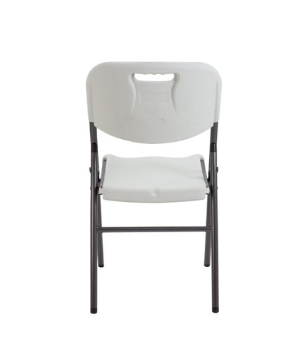 Morph Folding Chair. This durable off-white folding chair is perfect for any occasion and is designed to last. The moulded handle and plastic feet make it easy to move around, while the sturdy dark grey metal legs and frame provide excellent stability. The hinged folding mechanism makes it easy to store away when not in use. The wipe-clean surfaces ensure that maintenance is a breeze, making it perfect for both indoor and outdoor use. With the Morph Folding Chair, you can enjoy the benefits of a comfortable and stylish seating option that is easy to use and maintain. Order yours today!