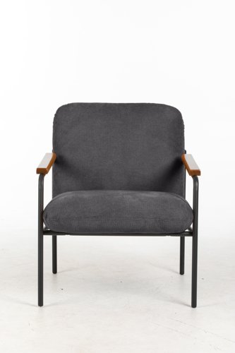 Settle Reception Chair with Wooden Arm Pads Black Wire Frame Grey Fabric/Dark Brown