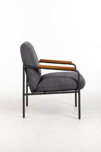 Settle Reception Chair with Wooden Arm Pads Black Wire Frame Grey Fabric/Dark Brown