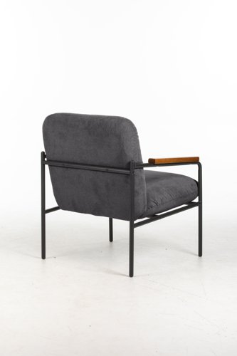 Settle Reception Chair with Wooden Arm Pads Black Wire Frame Grey Fabric/Dark Brown