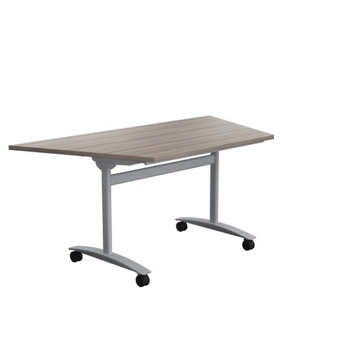 One Tilting Table 1600 X 800 Silver Legs Grey Oak Trapezoidal Top
