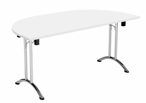 OUFT1680DENDCRWH | The One Union D-End Folding Table is a versatile piece of furniture that is perfect for multi-functional rooms where space is at a premium. The D-End shaped tilting table allows for easy adjustment with manual adjustment thumb wheels to tilt the top to the desired angle. The table is also mobile, thanks to the lockable castors, making it easy to move around as needed. When not in use, the table can be nested away for space saving. This table is ideal for use in offices, schools, or any space where flexibility and functionality are key. With its durable construction and sleek design, the One Union D-End Folding Table is a great investment for any space.